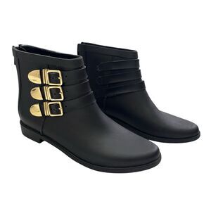 Loeffler Randall Fenton Rain Boots Women’s Size 9 Black Gold Buckle Rubber